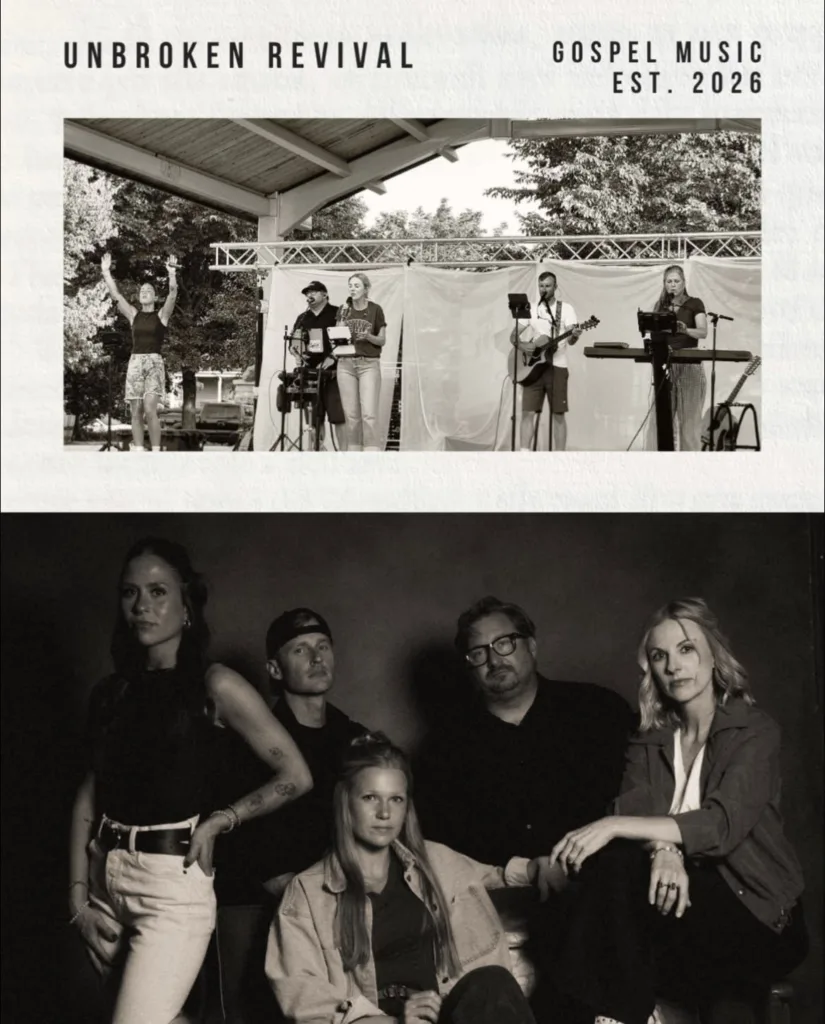 Unbroken Revival, a five-member gospel music band, leading worship outdoors and in a group portrait