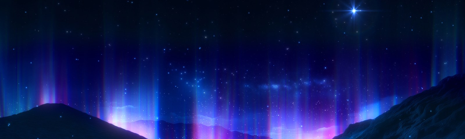 Night sky with northern lights over the hills and a bright star shining