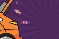 Illustration of an orange car with its trunk open and candy floating against a purple background